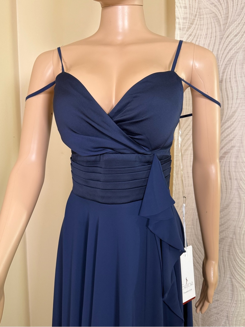 Navy Off-Shoulder Surplice Evening Dress